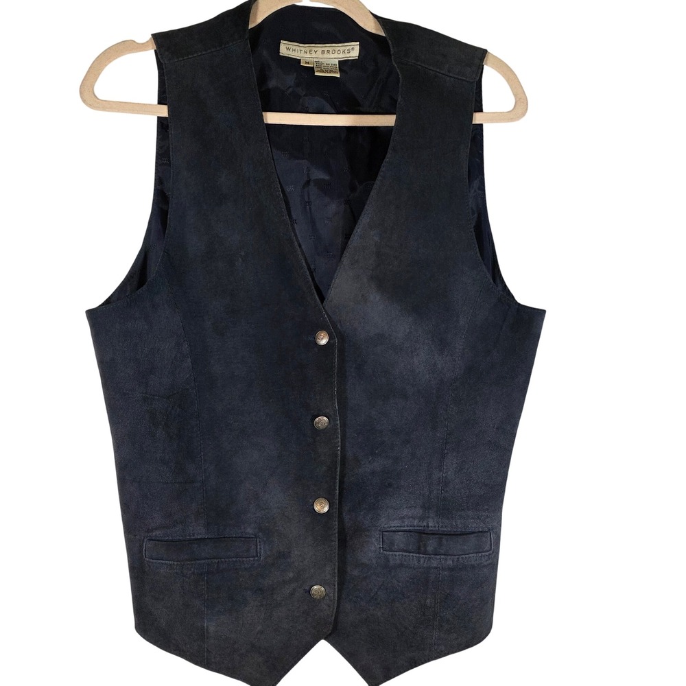 Vintage WHITNEY BROOKS Womens M Navy Suede Vest 80s 90s Academia Minimalist